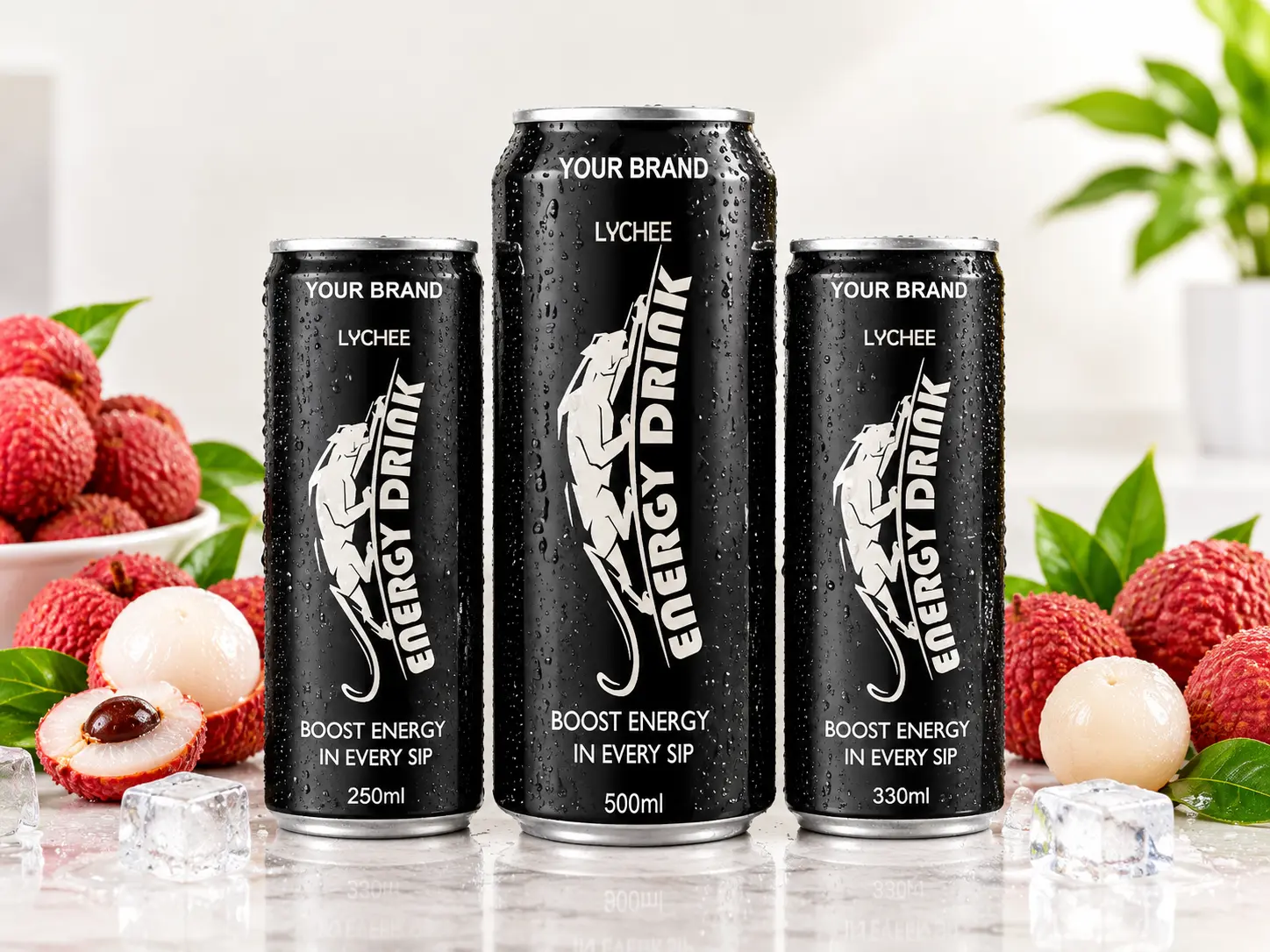 ENERGY DRINK Lychee flavour in 250ml, 500ml and 330ml cans.